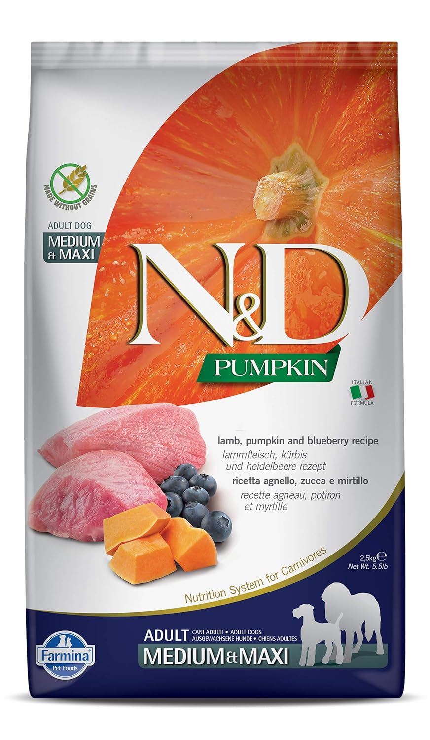 Farmina N&D Pumpkin Lamb & Blueberry Grain Free Adult Medium & Maxi Breed 2.5 Kg